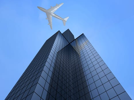 3d rendered illustration of big businesstowers and a white plane