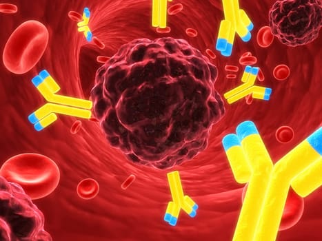 3d rendered illustration of an artery with blood cells, antibodies and cancer cells