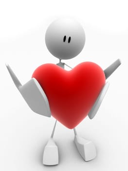 3d rendered illustration of a little character carrying a big red heart