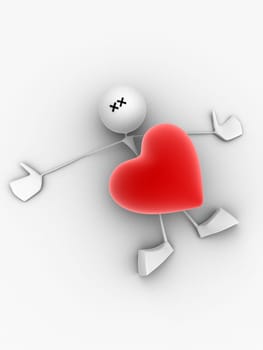 3d rendered illustration of a little character hit from a red heart