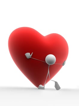 3d rendered illustration of a little character carrying a big red heart