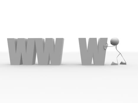3d rendered illustration of a little character pushing a www sign