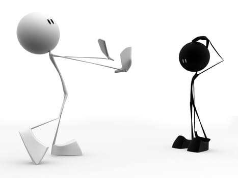 3d rendered illustration of a black and a white little character
