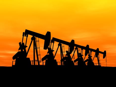 3d rendered illustration of oil pumps in the evening sun