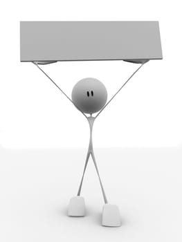 3d rendered illustration of a little character with a blank sign