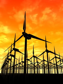 3d rendered illustration of many wind mills in the sunset