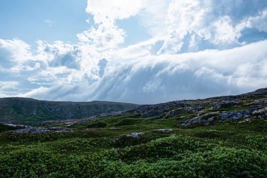 Battle Harbor meadow with stormy clouds looming