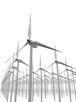 3d rendered black/white illustration of many wind mills