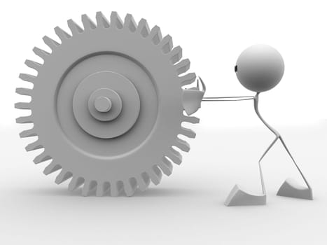 3d rendered illustration of a little character turning a gear