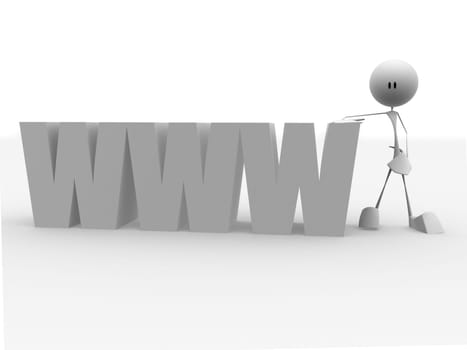 3d rendered illustration of a little character pushing a www sign