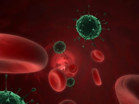 3d rendered illustration of an artery with blood cells and viruses