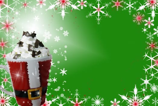 Santa mug filled with a warm beverage and topped off with whipped cream on a snowflake background.