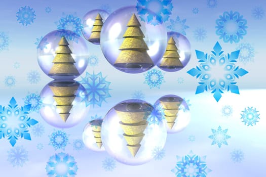 3D render illustration of christmas trees bubbles with snowflakes