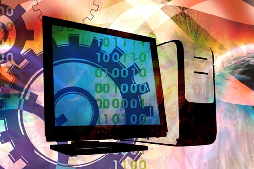 desktop computer with abstract technology elements