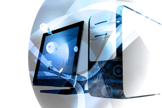 desktop computer with abstract technology elements