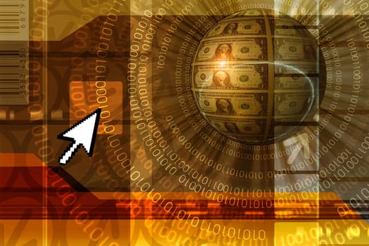 Financial concept background with binary data leaks and dollar bills