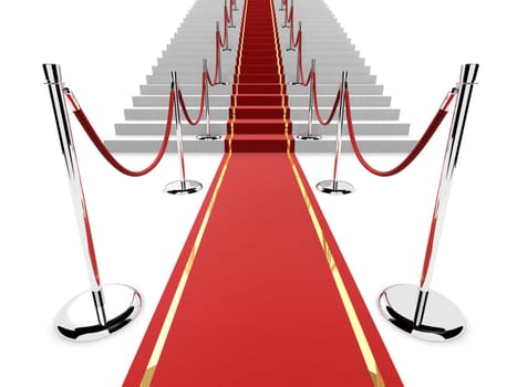 3d rendered illustration of stairs with a red carpet and barriers