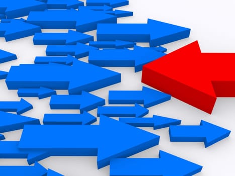 3d rendered illustration of many blue and one red arrow
