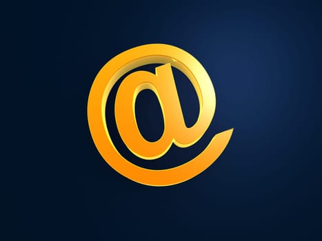 3d rendered illustration of a golden at-sign on a blue background