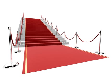 3d rendered illustration of a stair with a red carpet and metal barriers