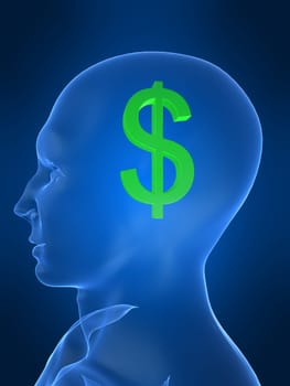 3d rendered illustration of a human head shape with a green dollar sign