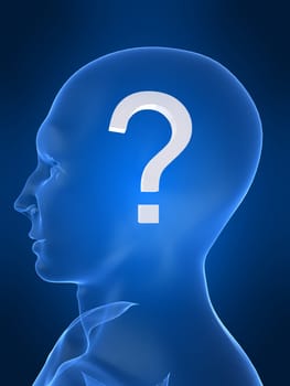 3d rendered illustration of a human head shape with a white question mark