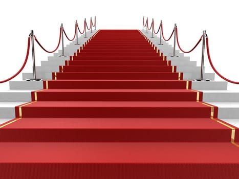 3d rendered illustration of stairs with a red carpet and barriers