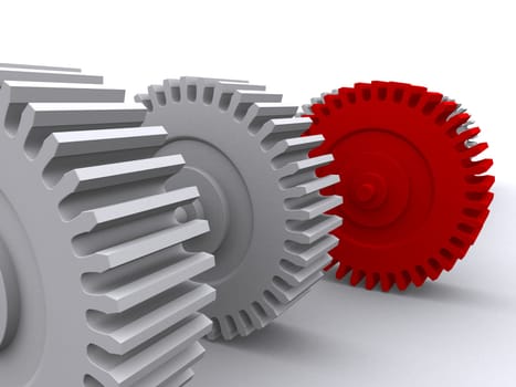 3d rendered illustration of two white and one red gear