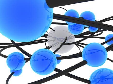 3d rendered illustration of blue balls and grey metal lines