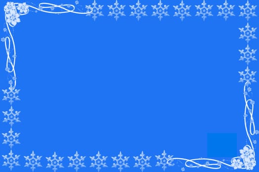 A bold blue background framed with white snowflakes.