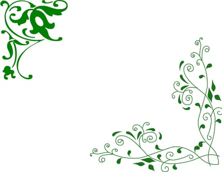 A white rectangle with two large green swirls in ooposite corners.