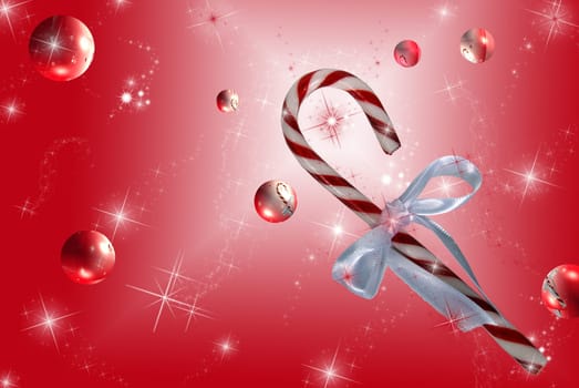 Candy cane on holiday background with bubbles.