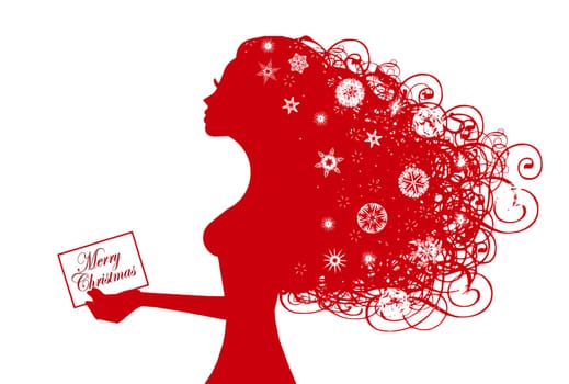 female elegant silhuette with snowflakes in her long hair,holding greeting card.Isolated on white