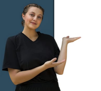 young woman advertising white copyspace board presentation hands sign communication