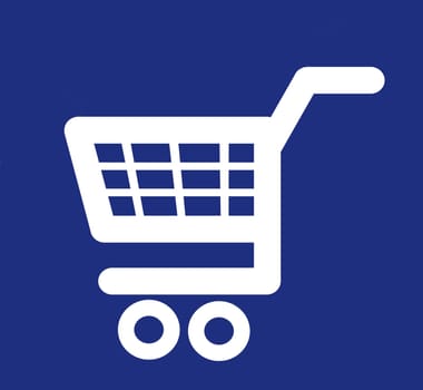 Illustrated white shopping cart icon on a blue background