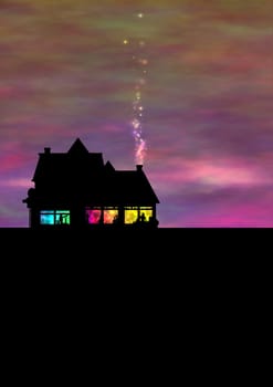 Illustration of a house party with sparkles coming from the chimney