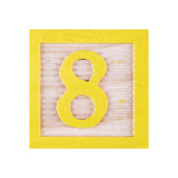 A Number 8 eight childs wood block on white with clipping path