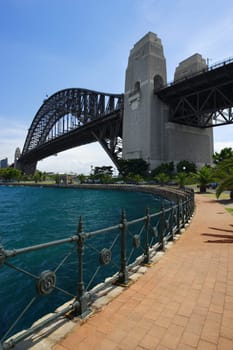 Walking on the path that leads beneath the Sydney Harbour Bridge in Australia.