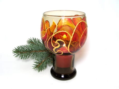 Hand-painted candle Holder with fir-tree branch as Christmas decoration