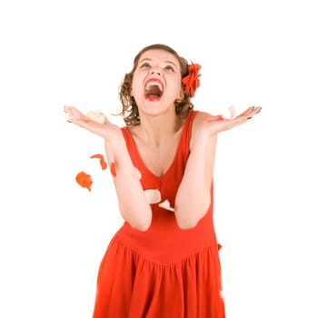 girl in red covered in rose petals