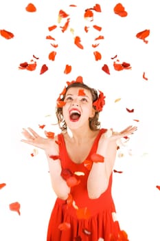 girl in red covered in rose petals