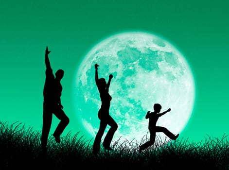 Happy family running and jumping in the moon