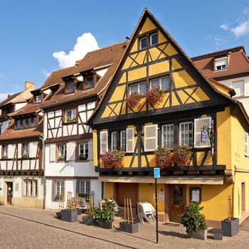 historic half-timbered houses in the picturesque medieval old town of Colmar in France