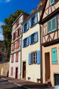historic half-timbered houses in the picturesque medieval old town of Colmar in France