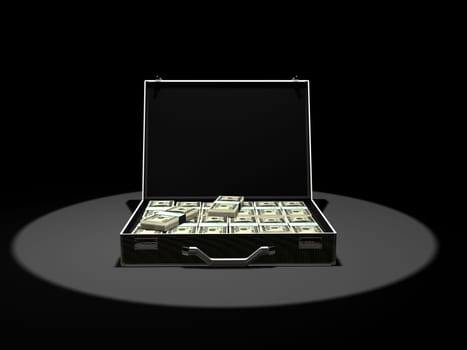3d rendered illustration of a highlighted money case with dollar notes