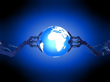 3d rendered illustration of robotic arms and a globe