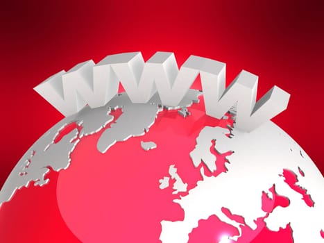 3d rendered illustration of a globe and a www sign on a red background