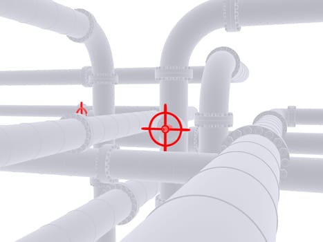 3d rendered illustration of many pipelines and red valves