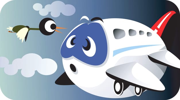An aeroplane in troublesome face in sky with a bird about to hit