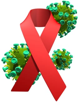 3d rendered illustration of a red aids slip knot and aids virus
